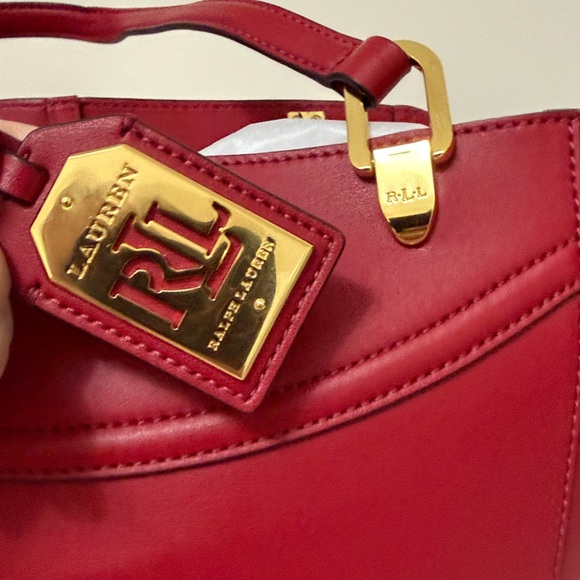 Ralph Lauren Deep Red Leather Tote with Gold Accents - Picture 3 of 12